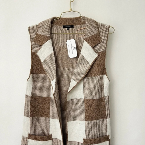 Love Tree Open Front Plaid Long Cardigan Vest Heather Khaki Brown With Pockets - Picture 9 of 10